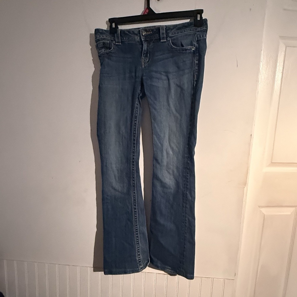 Y2K Miss Me Jeans Mid Rise Boot Size 28 Cowgirl Flap Pocket Grunge Whiskering